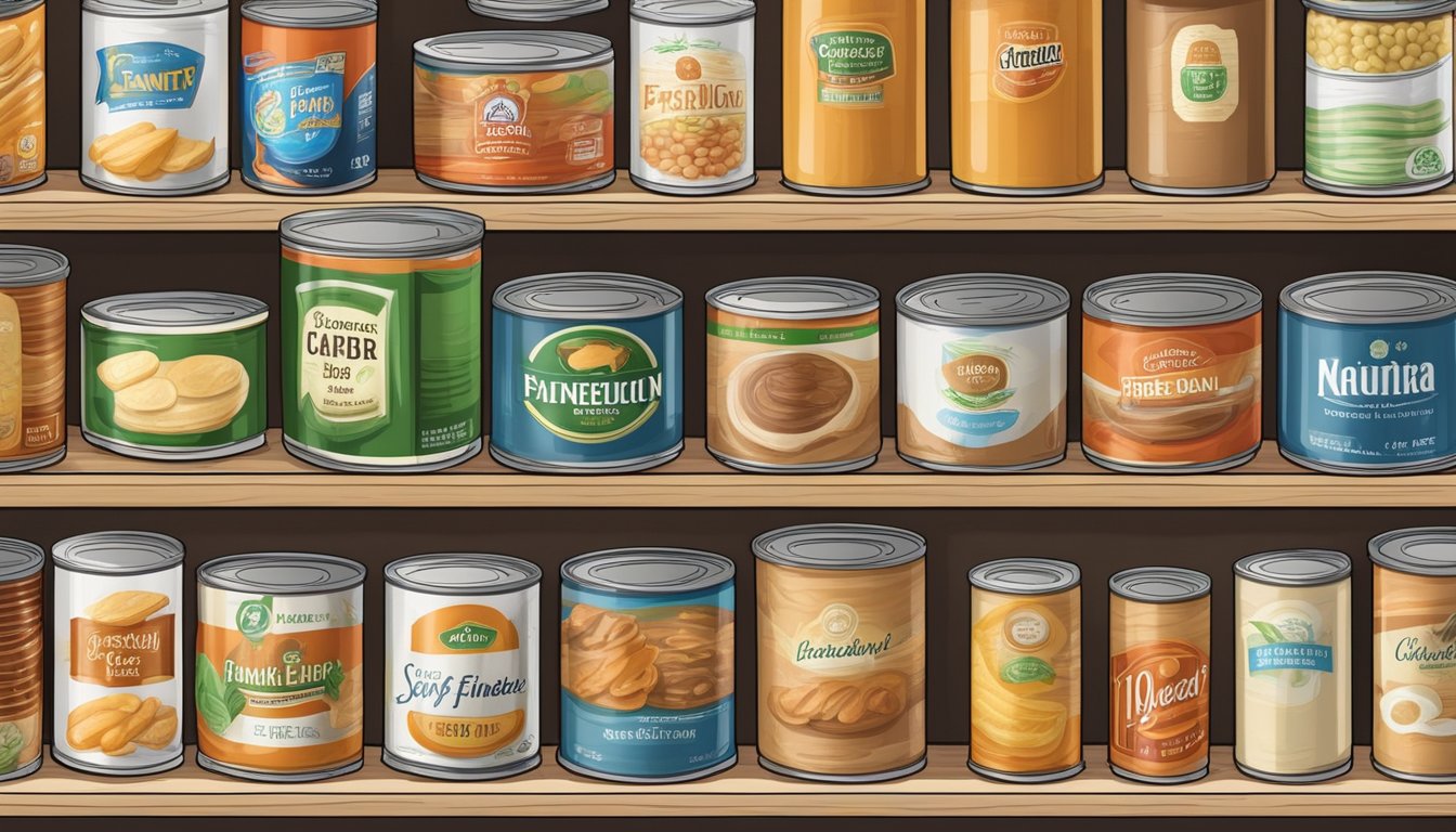 A pantry shelf with a variety of canned goods, including a can of soy fiber, with expiration date clearly visible