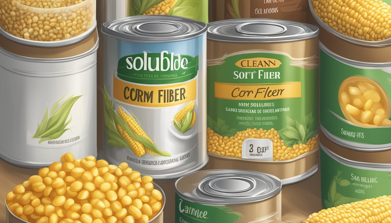 A can of soluble corn fiber sits unopened on a pantry shelf, surrounded by other canned goods. The label is clean and undamaged