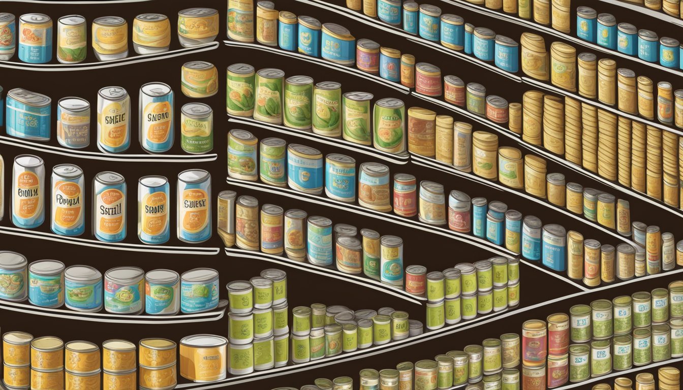 A pantry shelf filled with rows of canned soy fiber, some with expiration dates visible