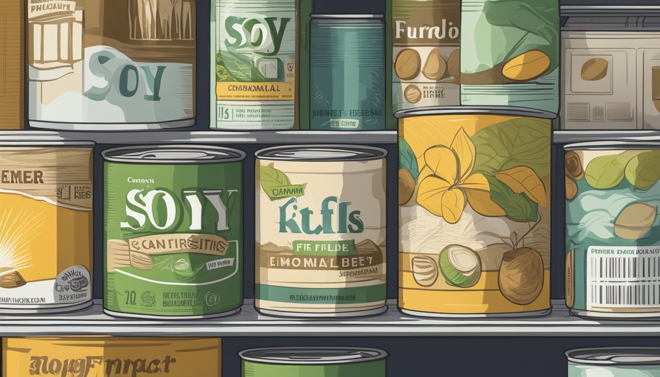 A can of soy fiber sits on a shelf, surrounded by other canned goods. The label indicates a long shelf life, suggesting minimal environmental impact