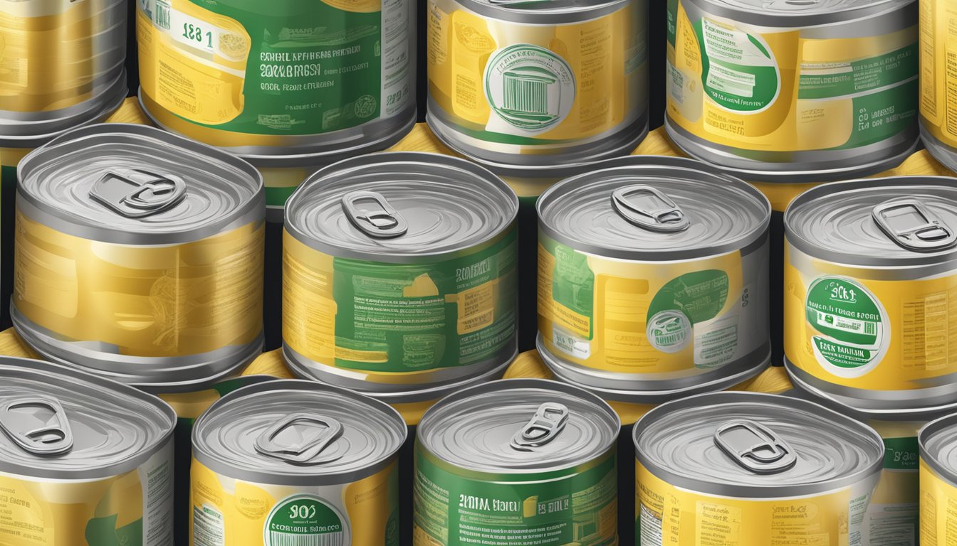 A stack of canned soluble corn fiber with expiration dates