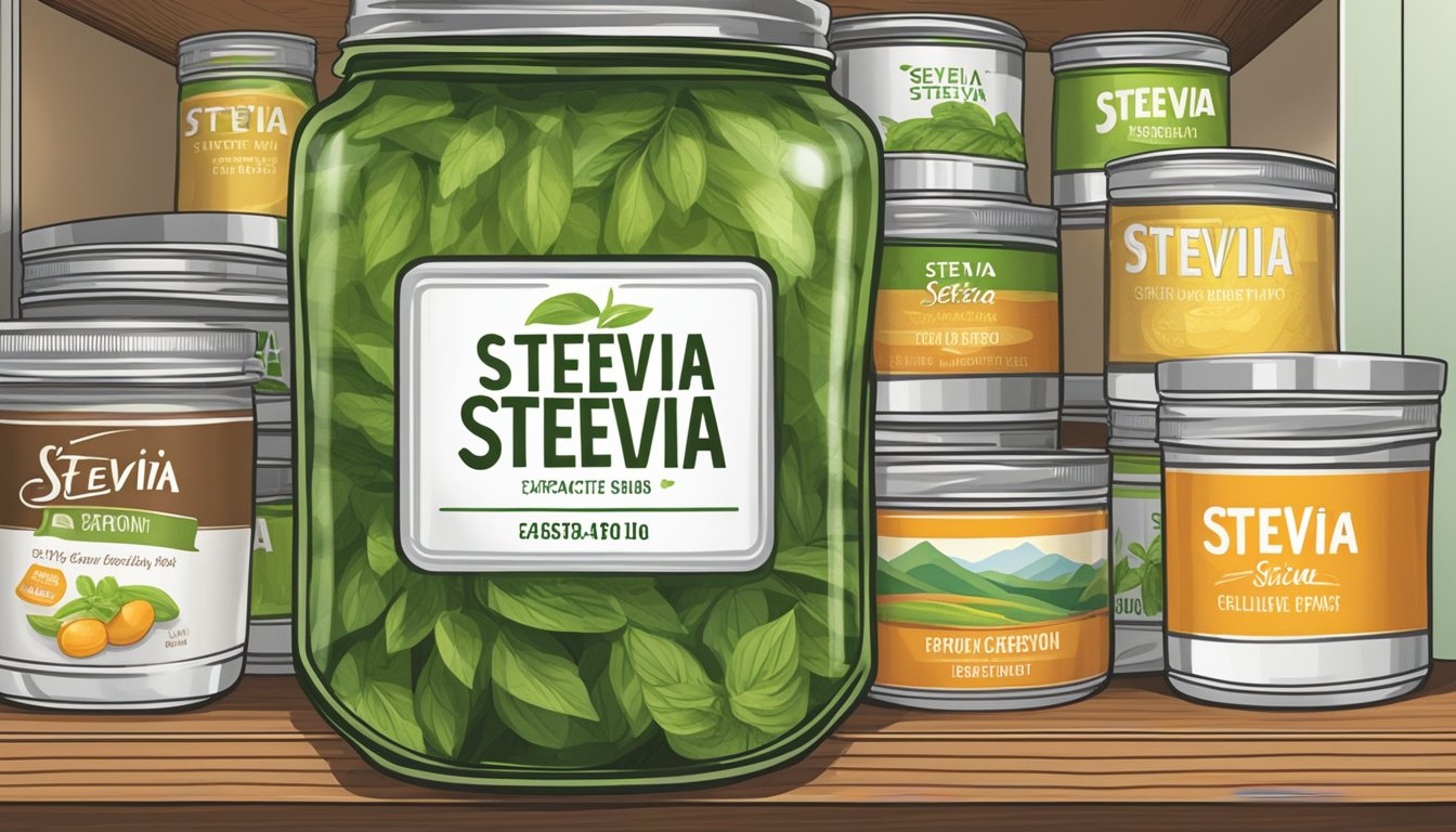 A glass jar of stevia extract sits on a pantry shelf next to a stack of canned goods. The label on the jar indicates the expiration date