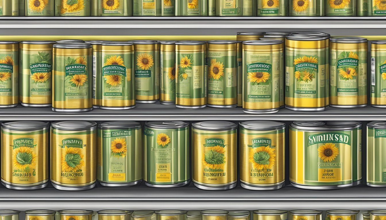 A pantry shelf with rows of canned sunflower oil, some with expiration dates visible