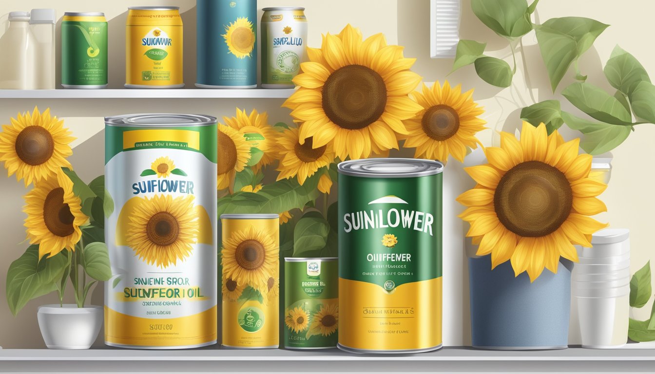 A sealed can of sunflower oil sits on a shelf, surrounded by various factors such as temperature, light, and air exposure