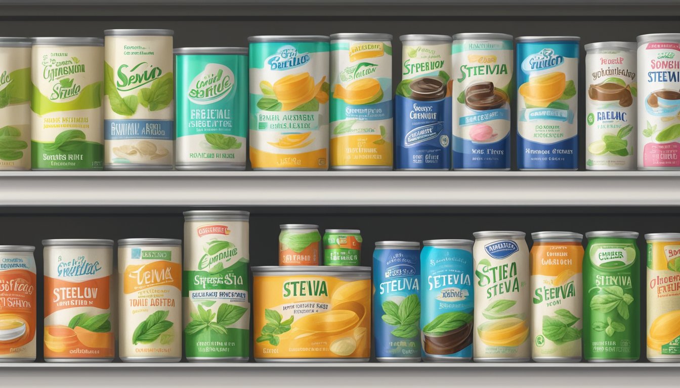 A pantry shelf with a row of canned stevia extract, some with expiration dates visible, and others showing signs of spoilage with bulging or dented cans