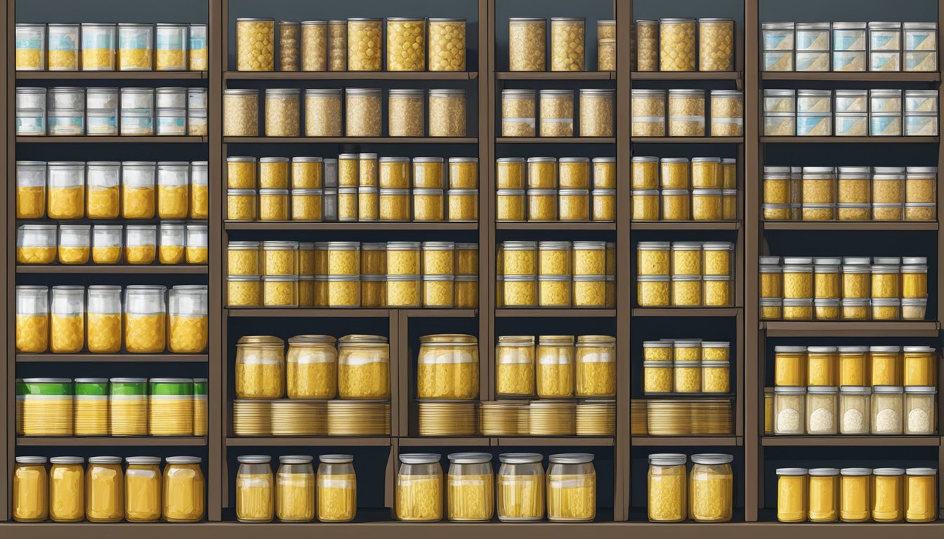 A pantry shelf with rows of canned sunflower oil, organized and labeled by expiration date