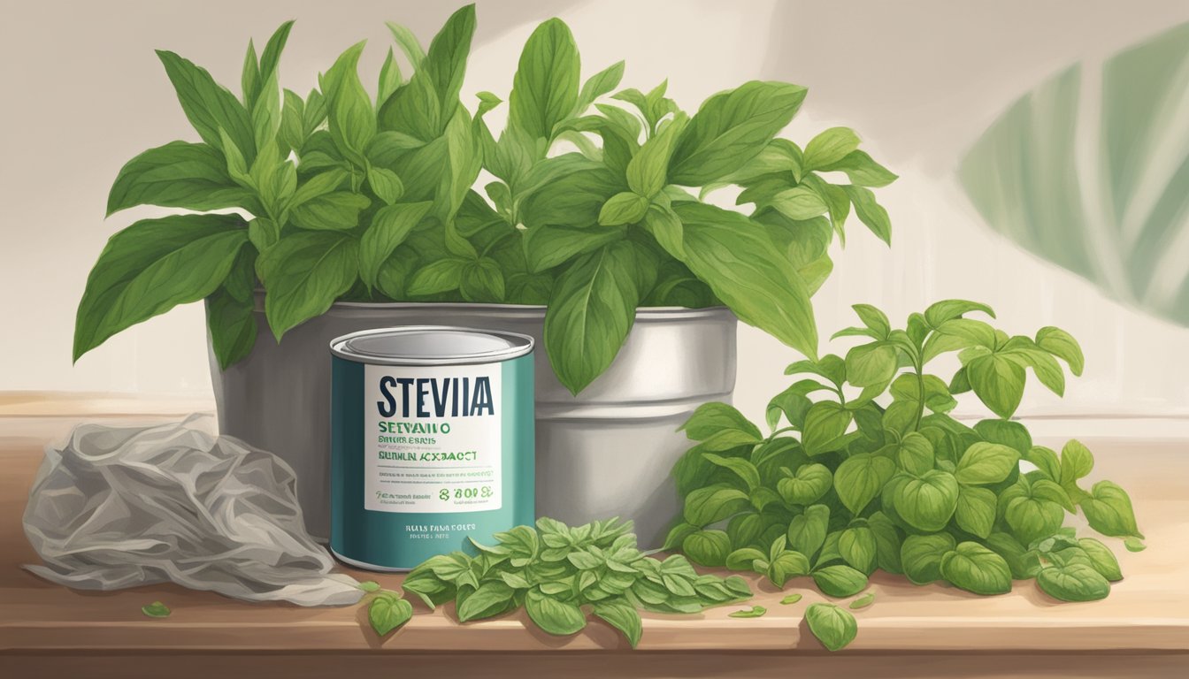 A can of stevia extract sits on a kitchen counter, surrounded by wilted plants and spoiled food. The air is filled with a sense of decay and neglect