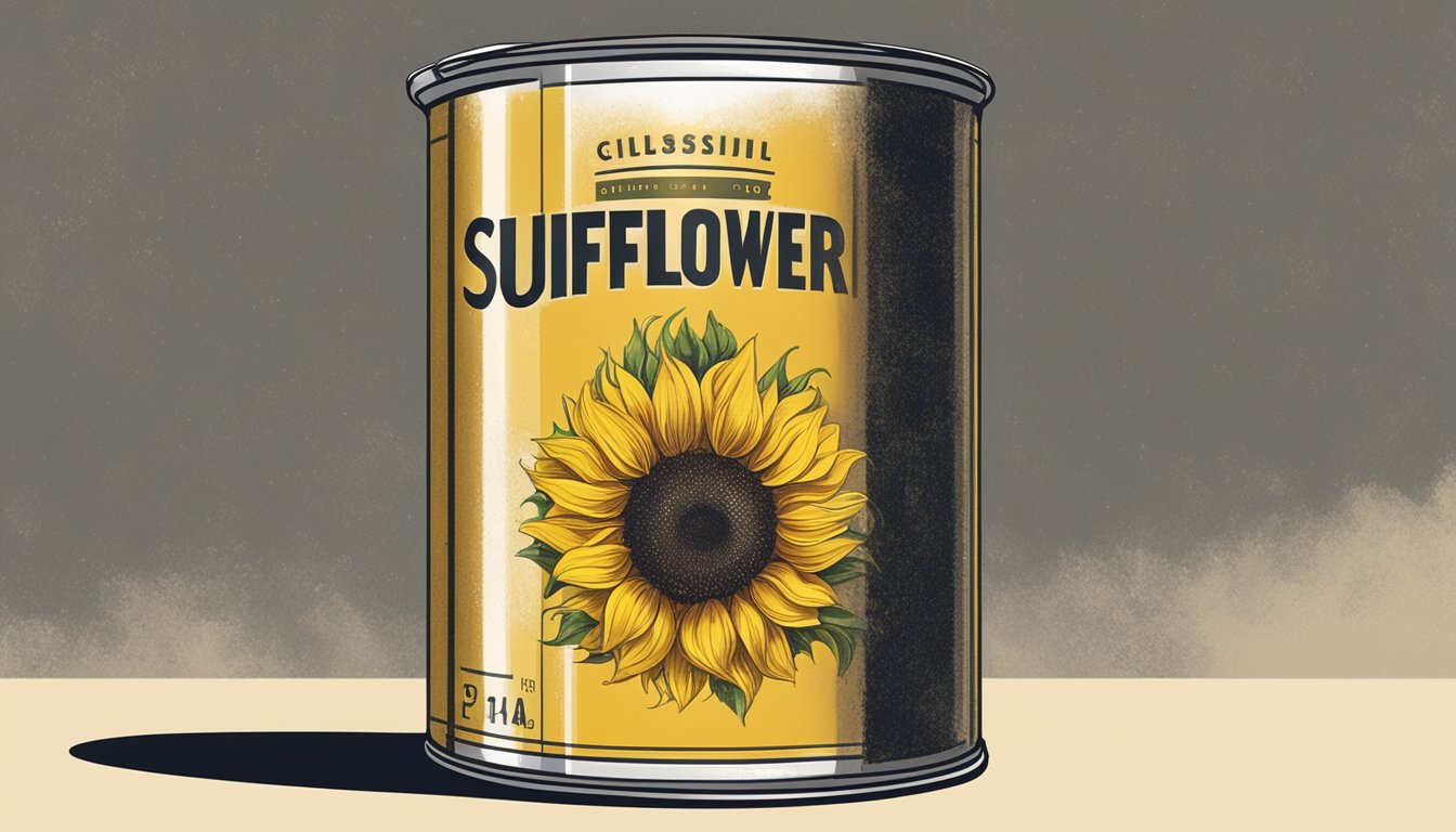 A can of sunflower oil sits on a shelf, its label faded and dusty. The oil inside appears dark and thick, emitting a rancid odor