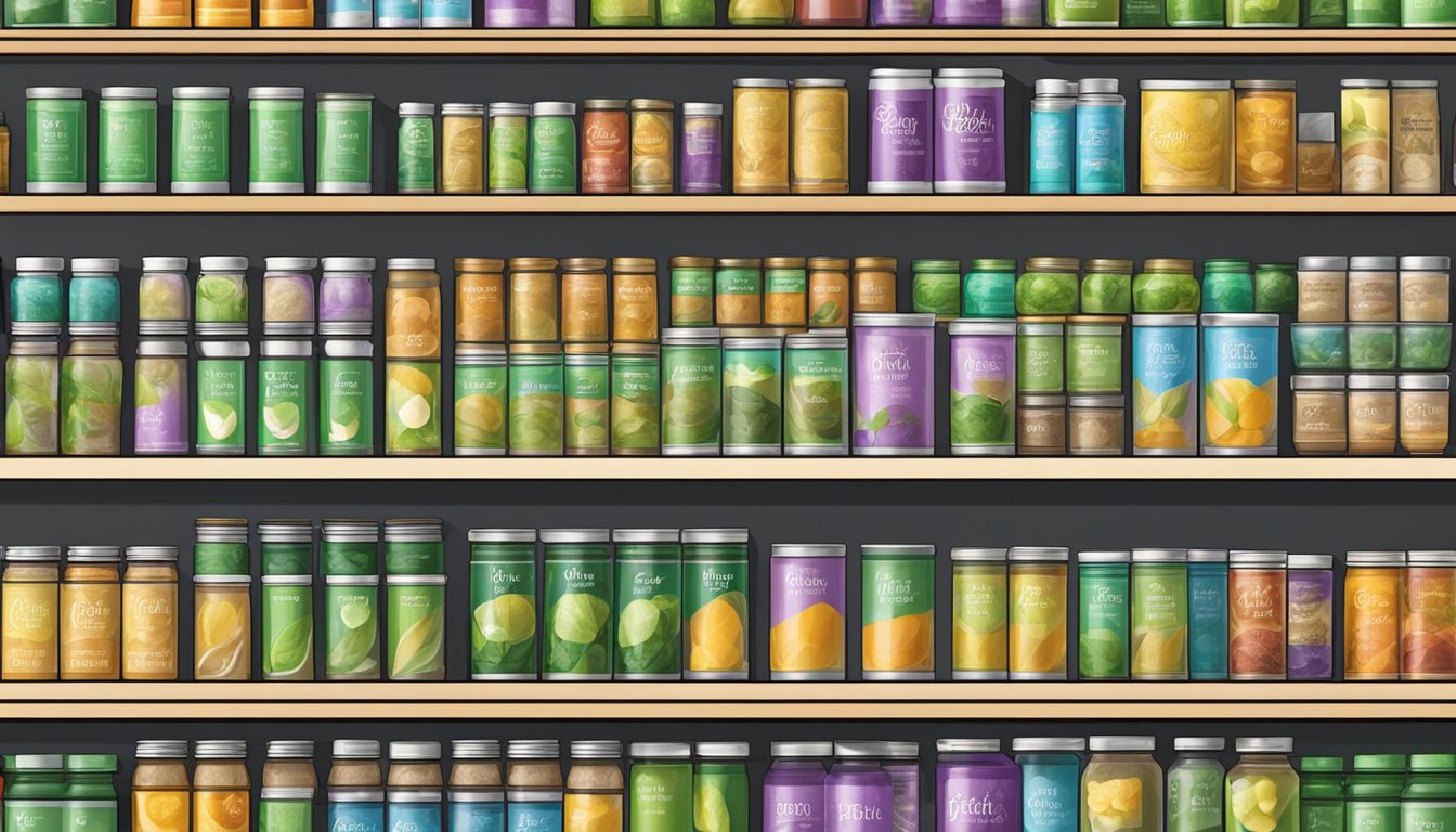 A shelf with various canned stevia extract products, some opened and partially used, others unopened and neatly arranged