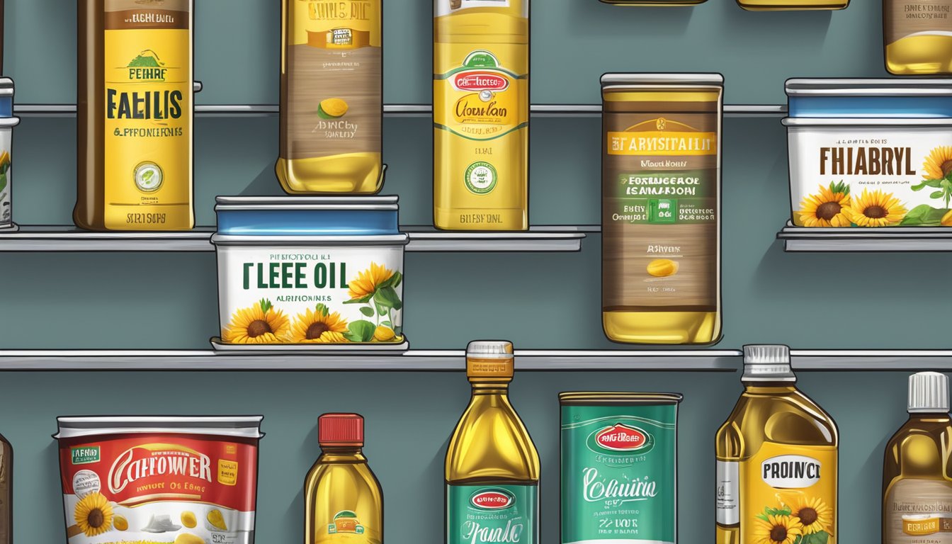 A pantry shelf with various oil cans, including sunflower oil, with expiration dates visible