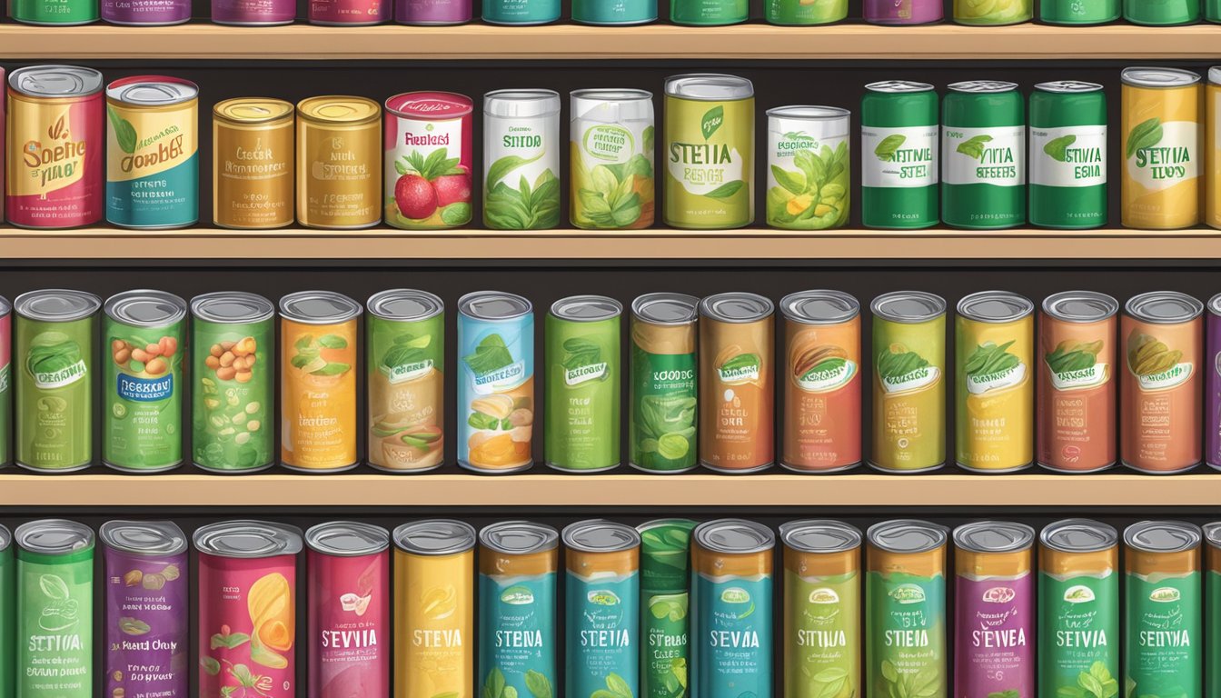 A pantry shelf with a row of canned stevia extract, some cans opened and partially used, others unopened and neatly arranged