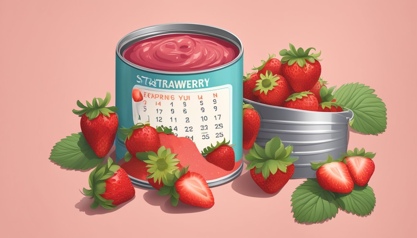 A can of strawberry paste surrounded by fresh strawberries and a calendar showing the expiration date