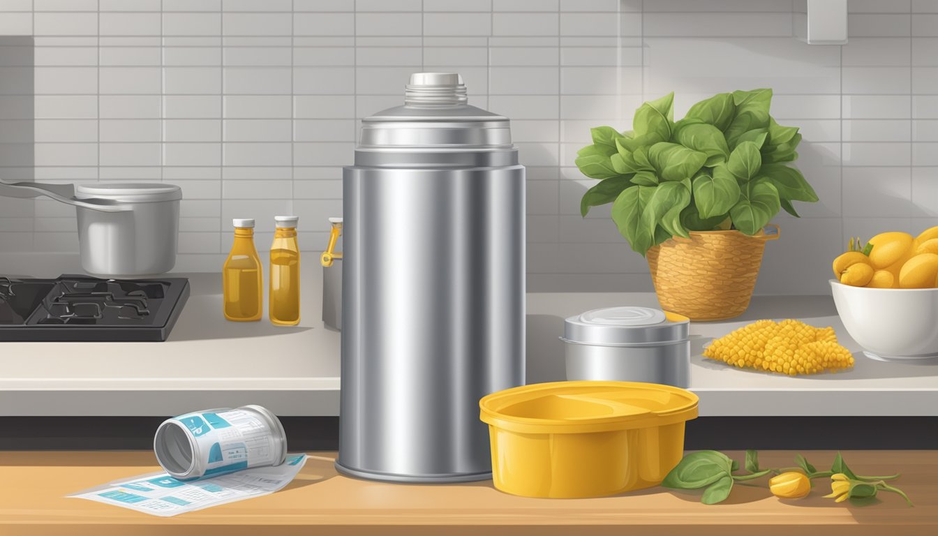 A kitchen counter with a can of sunflower oil, a calendar showing the expiration date, and a trash can for disposal