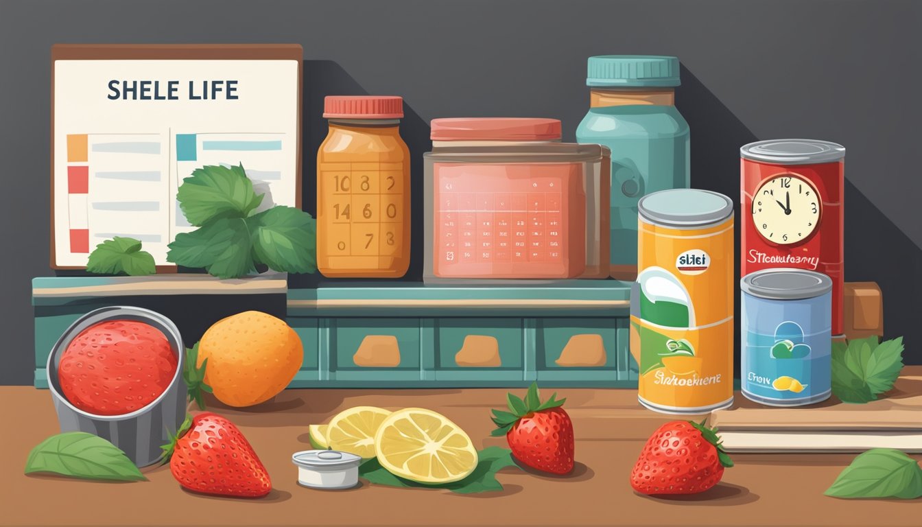 A shelf with various canned goods, including a can of strawberry paste, surrounded by a calendar and a clock to symbolize the determinants of shelf life