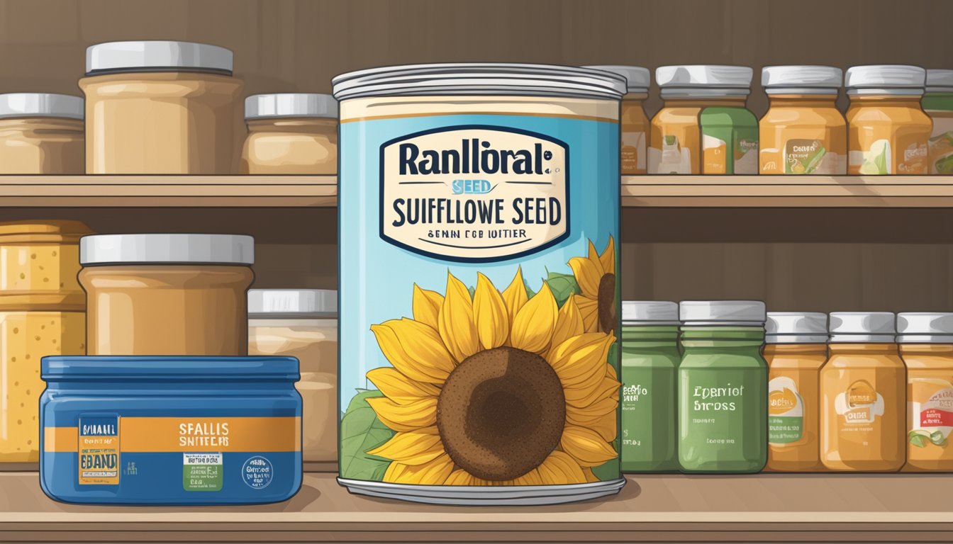 A can of sunflower seed butter sits on a shelf, surrounded by other pantry items. The label shows the expiration date, indicating its shelf life