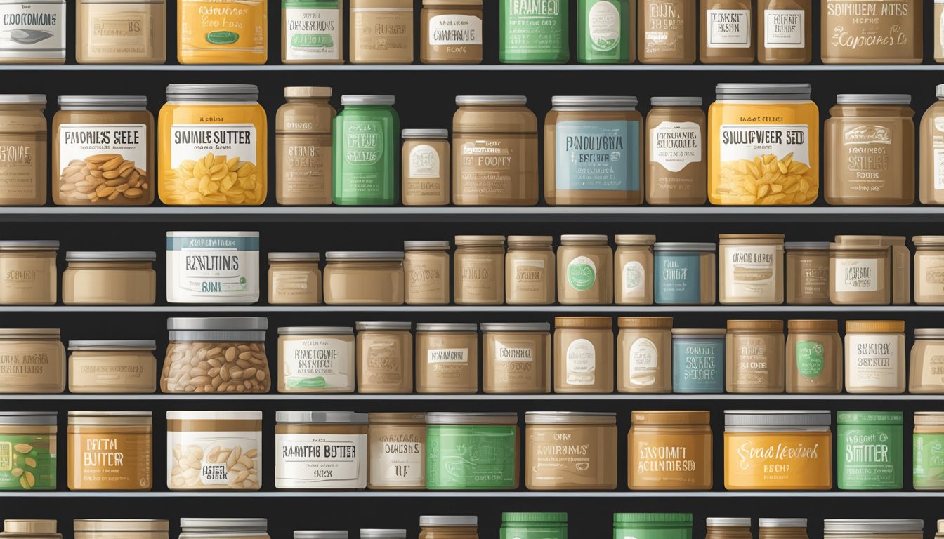 A pantry shelf with neatly organized rows of canned sunflower seed butter, each labeled with expiration dates