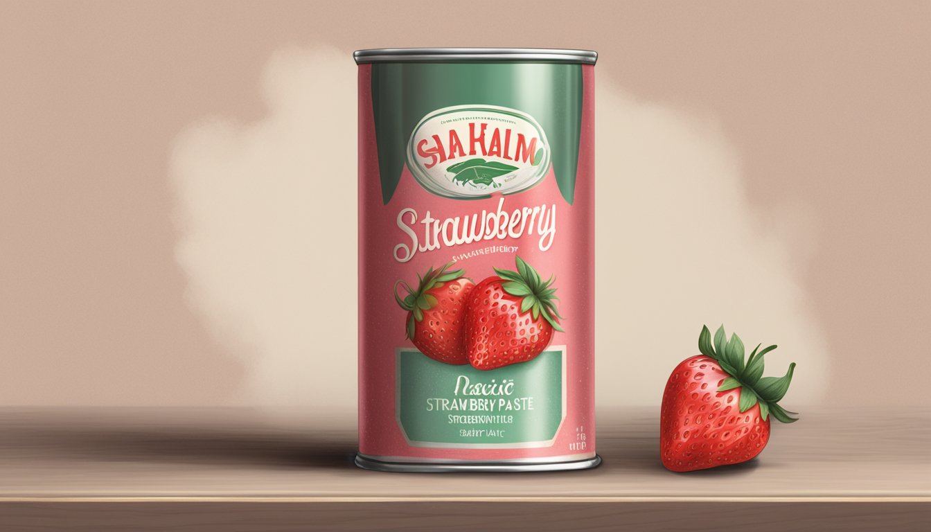 A can of strawberry paste sits on a shelf, covered in dust. The label is faded and the can appears dented