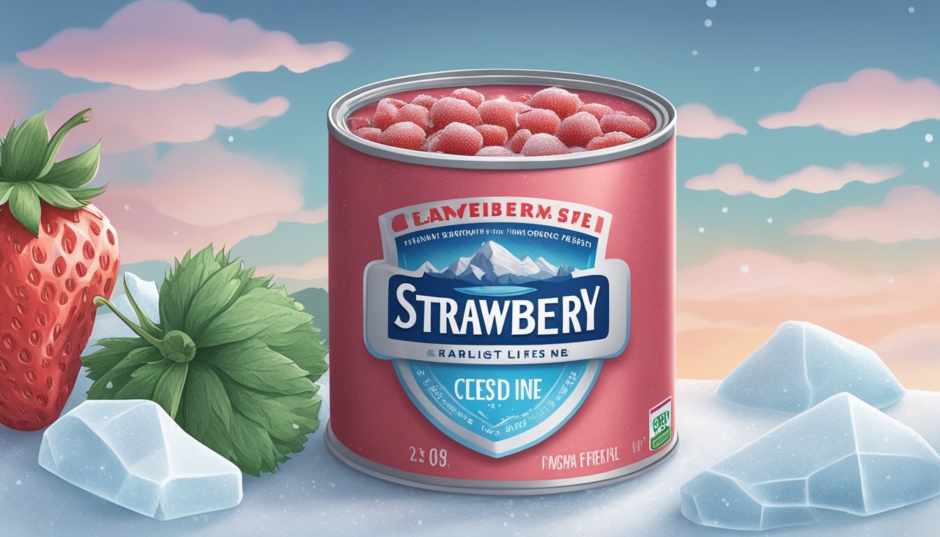 A can of strawberry paste sits in a freezer next to other frozen goods. Ice crystals form on the outside of the can, indicating its extended shelf life through freezing