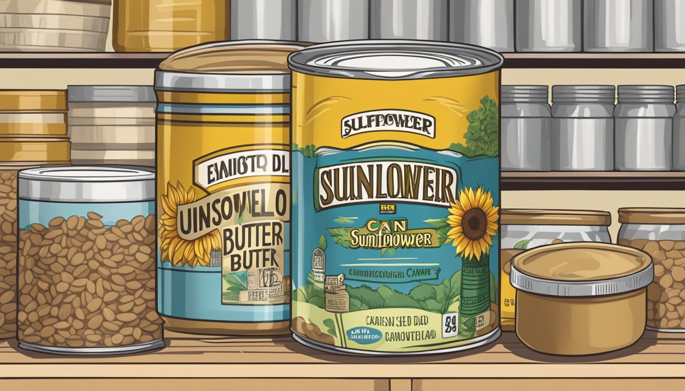 A can of sunflower seed butter sits on a shelf, surrounded by other canned goods. The label indicates the expiration date, and the can appears unopened and undamaged