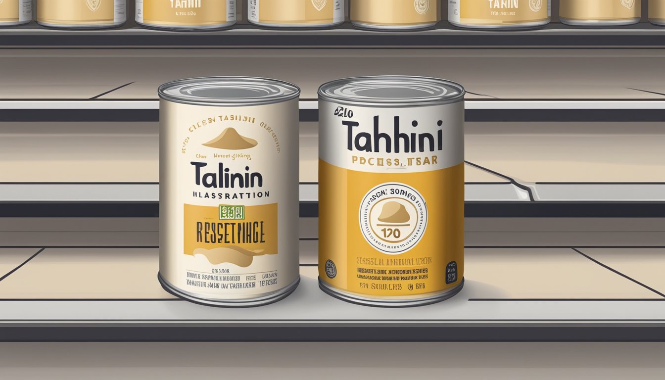 A can of tahini sits on a shelf with a clearly marked expiration date