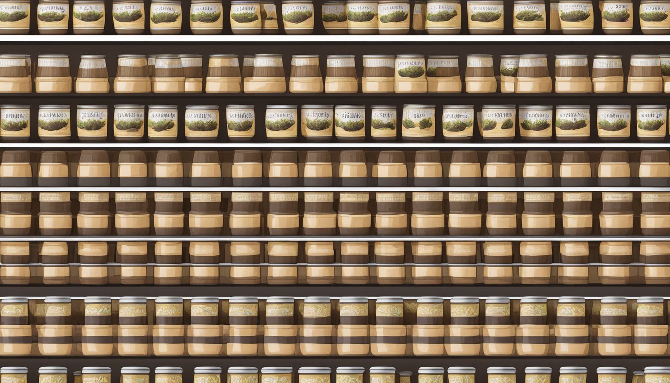 A shelf filled with canned sunflower seed butter, expiration dates visible