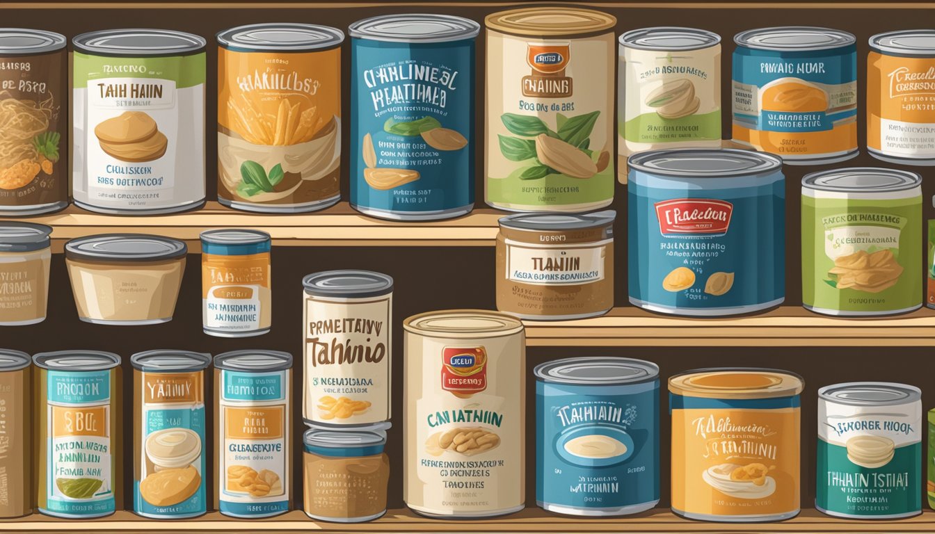 A pantry shelf with various canned food items, including a prominently displayed can of tahini. The label on the can indicates the expiration date