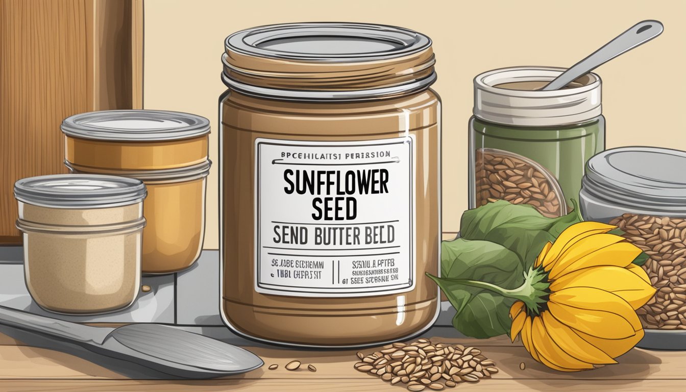 A jar of sunflower seed butter sits on a kitchen counter, surrounded by ingredients and cooking utensils. The label on the jar indicates the expiration date