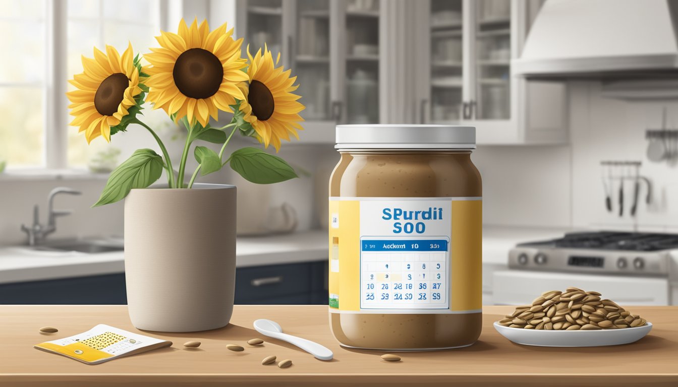 A jar of sunflower seed butter sits on a kitchen counter, surrounded by sunflower seeds and a calendar with the expiration date circled