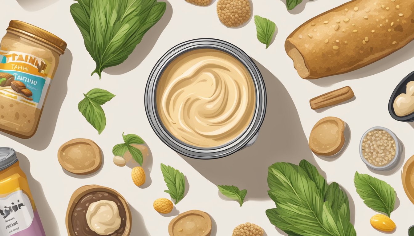 An open can of tahini surrounded by various food items, with a spoiled, moldy appearance