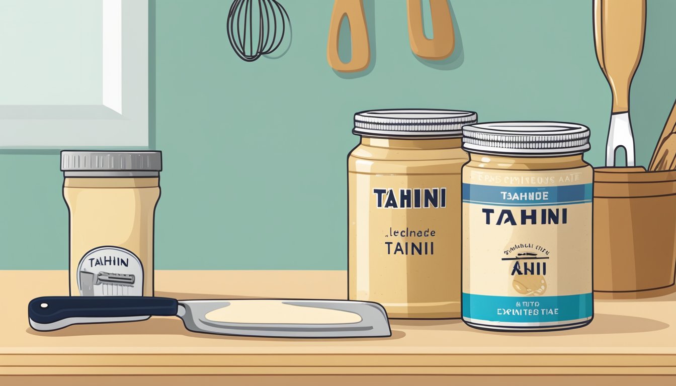 A jar of homemade tahini sits on a kitchen counter next to a can opener and a calendar showing the current date. The label on the can of tahini indicates the expiration date