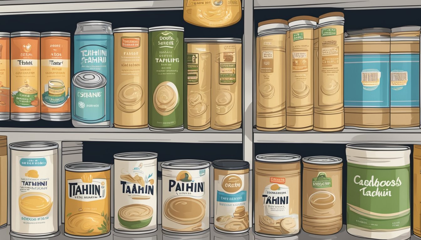 A pantry shelf with a row of canned tahini, some with labels indicating expiration dates