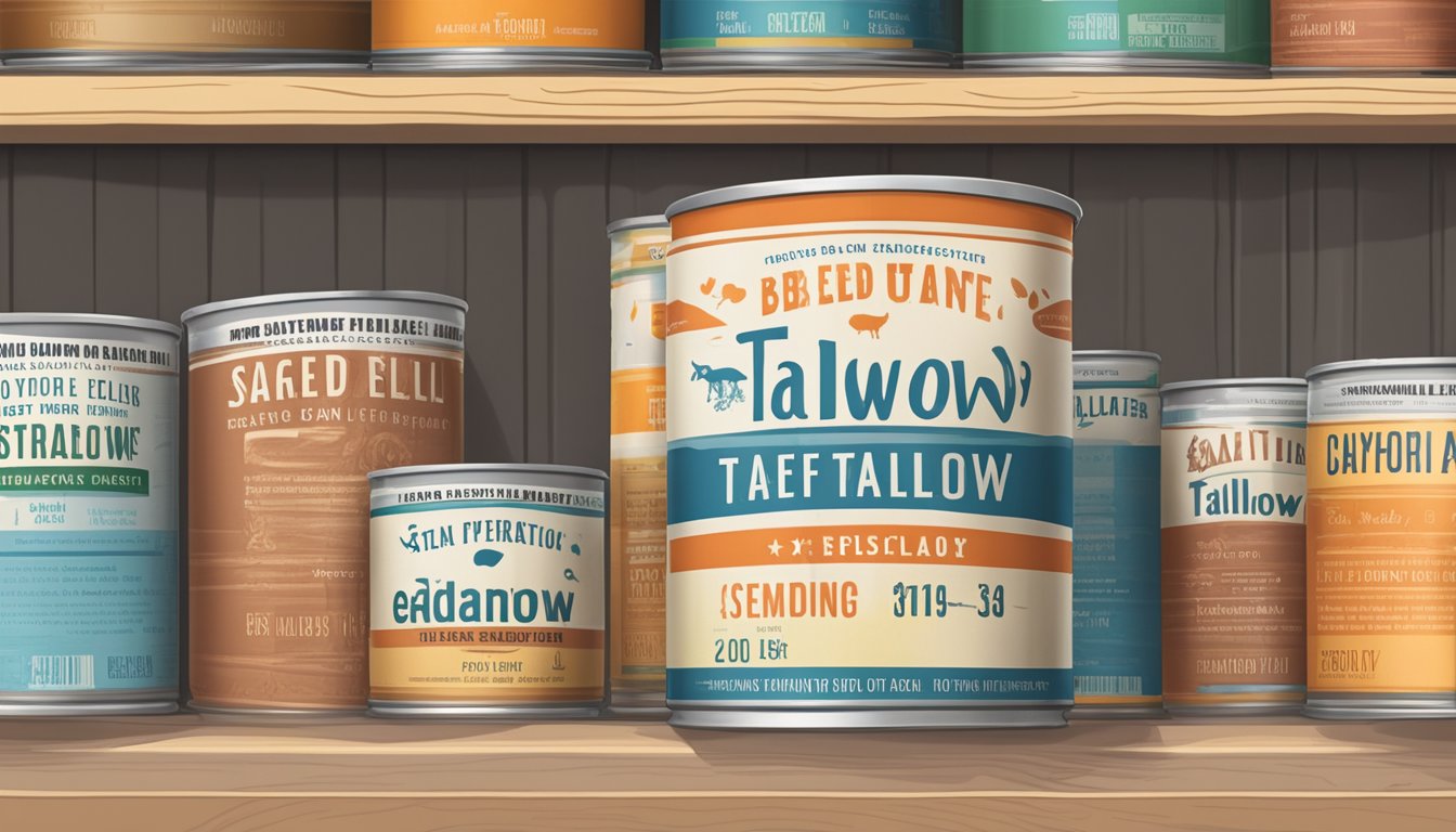 A sealed can of beef tallow sits on a pantry shelf, with a clear expiration date visible on the label