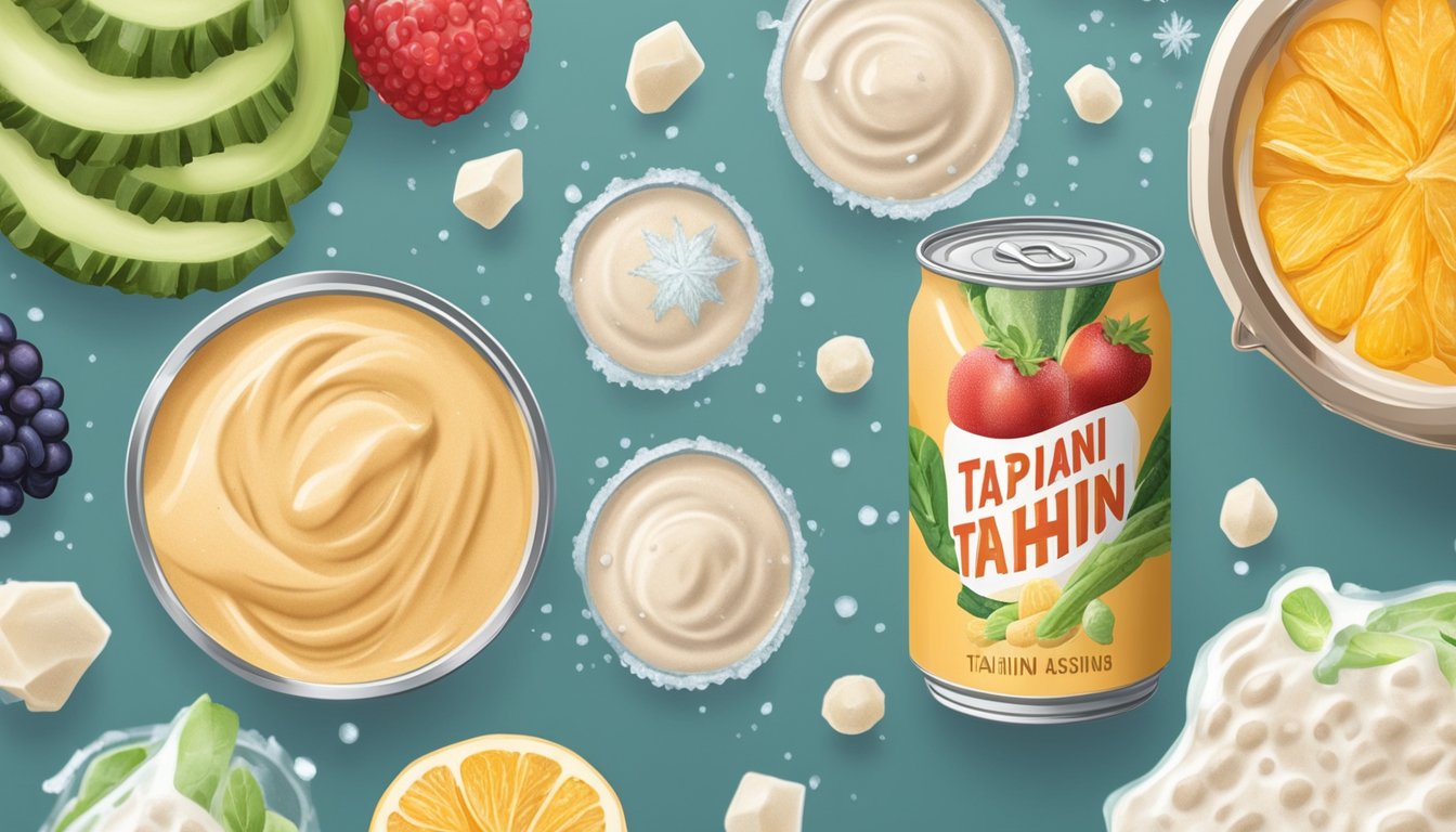 A can of tahini sits in a freezer, surrounded by frozen fruits and vegetables. Ice crystals form on the lid as the cold air preserves the contents