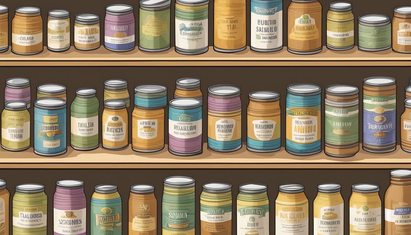 A pantry shelf with neatly organized rows of canned tallow, each labeled with expiration dates