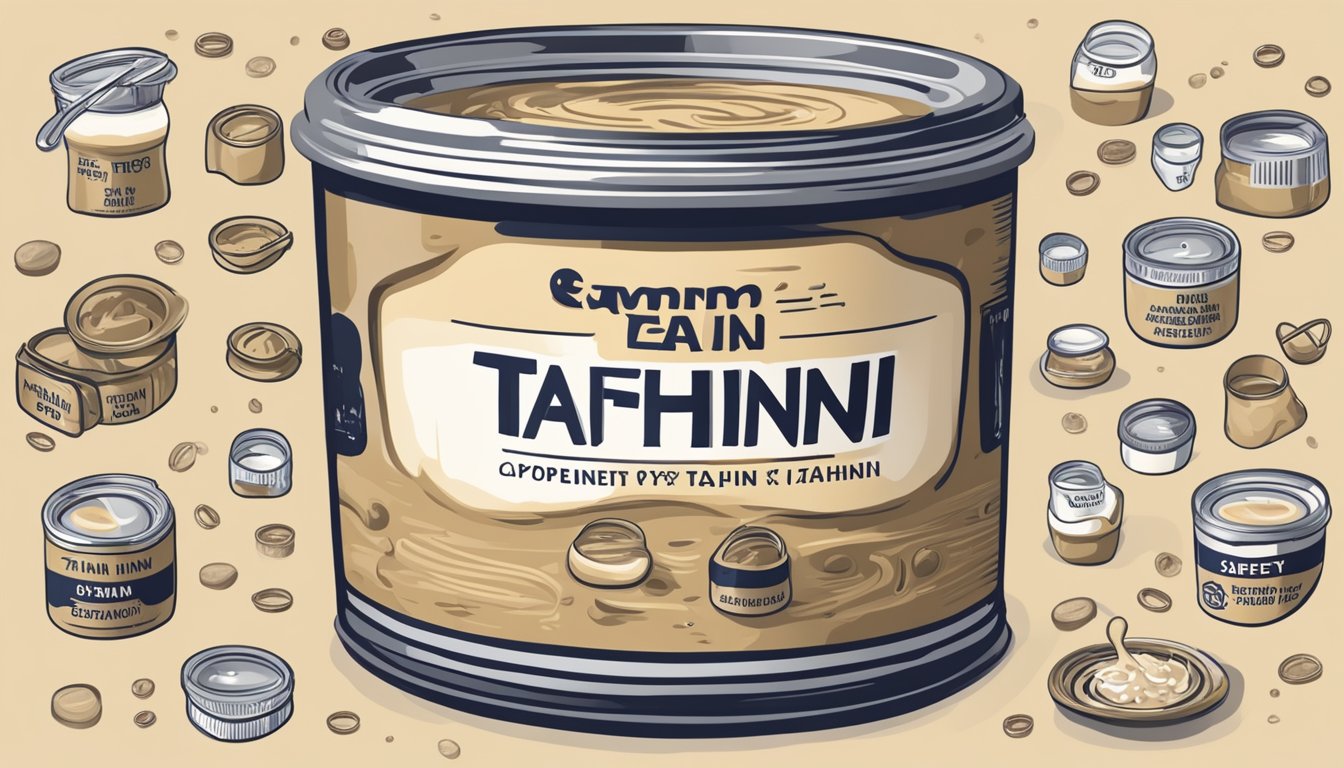 An open can of tahini surrounded by various expiration date labels and safety symbols