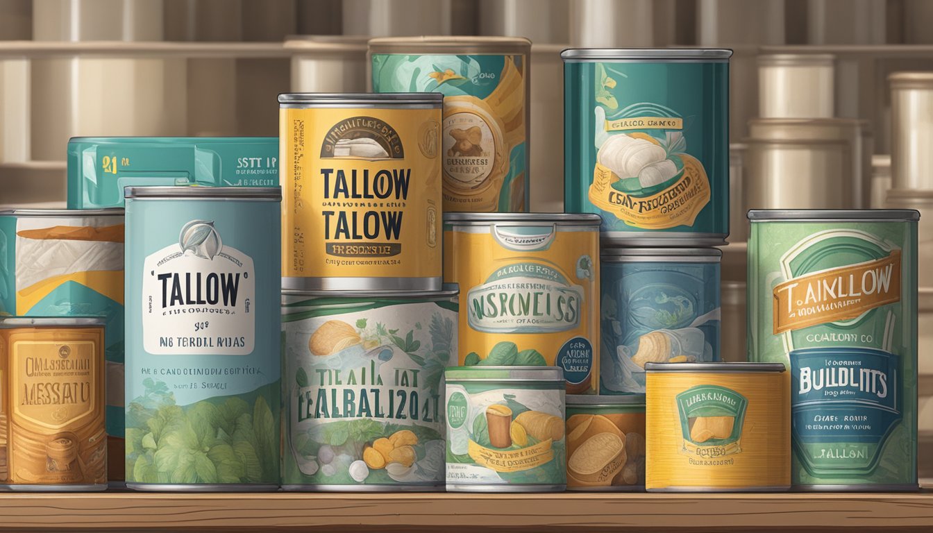 A sealed can of tallow sits on a shelf, surrounded by other canned goods. The label indicates the expiration date, and the can shows no signs of bulging or rust