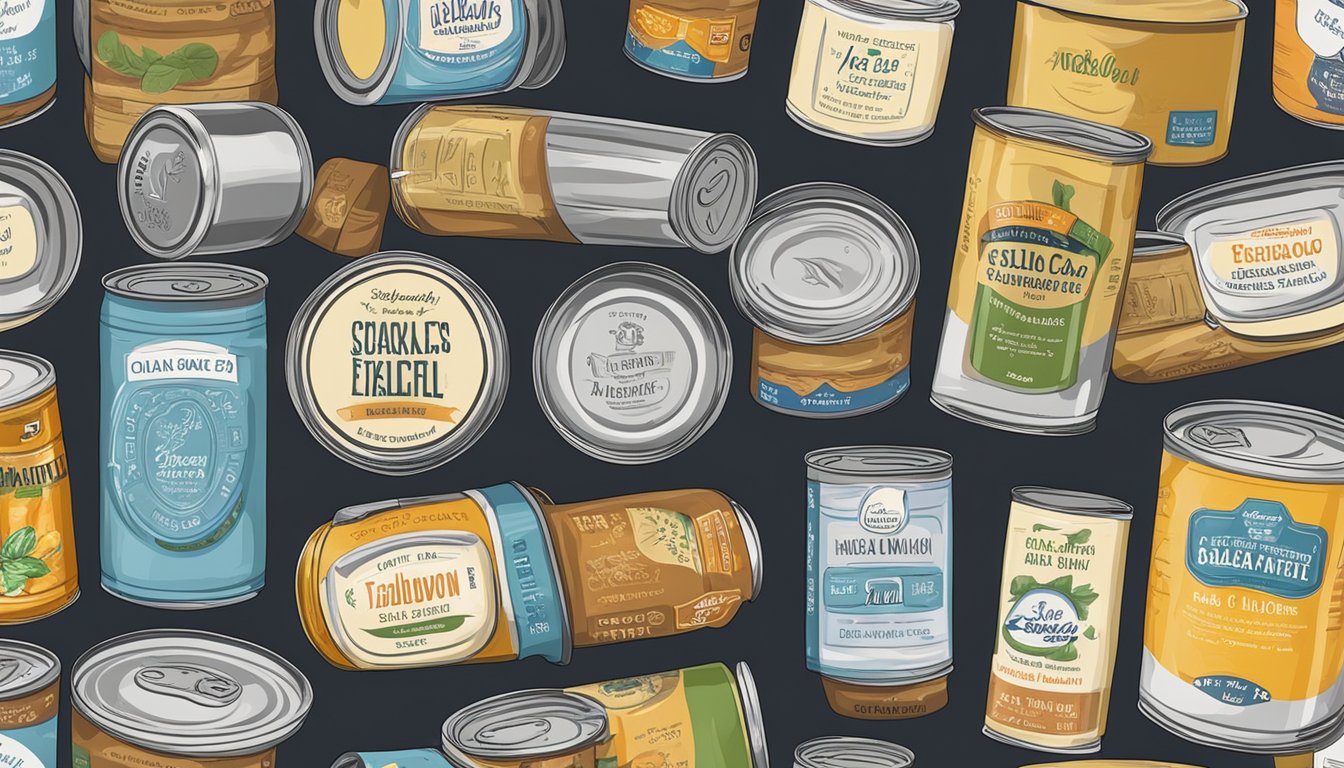 A pantry shelf filled with neatly stacked canned tallow, some with visible expiration dates, surrounded by various other canned goods