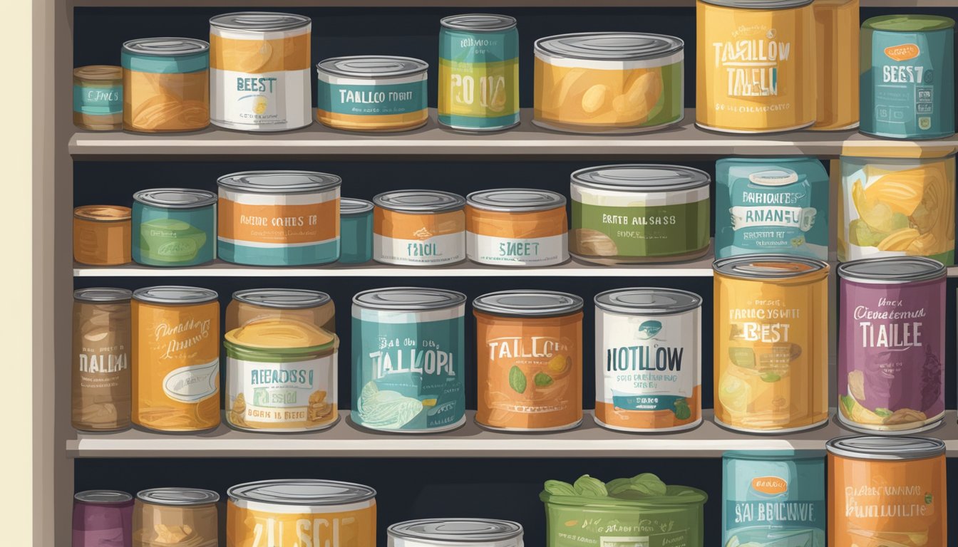 A pantry shelf with various canned goods, including a sealed can of tallow, with a "best by" date clearly visible on the label