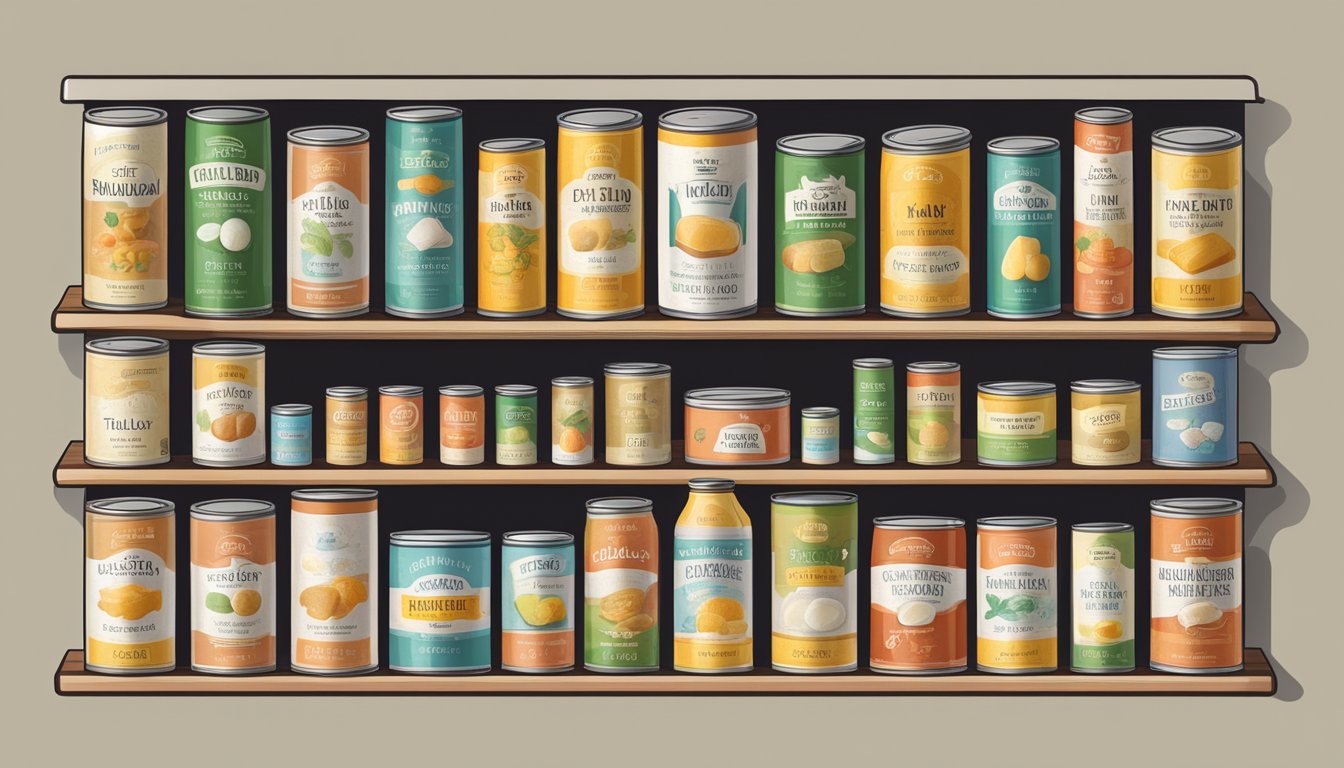 A shelf filled with various canned tallow products, labeled with expiration dates and quality indicators