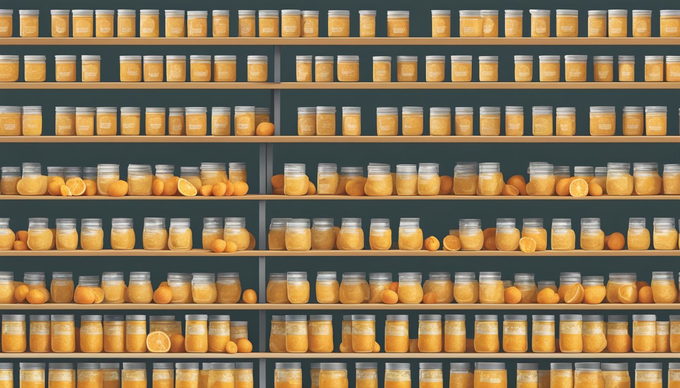 A shelf with rows of canned tangerine curd, expiration date label visible