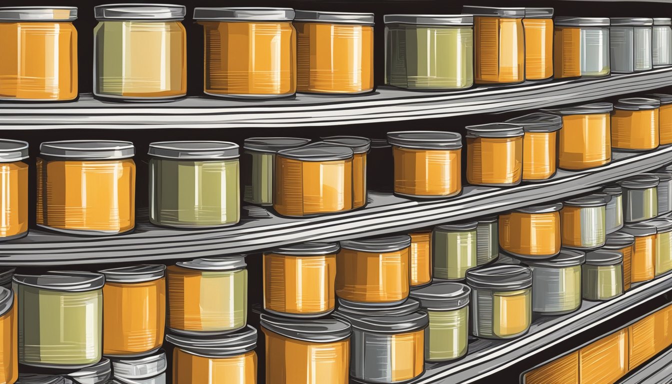 A pantry shelf with rows of canned tangerine curd, some with expiration dates visible