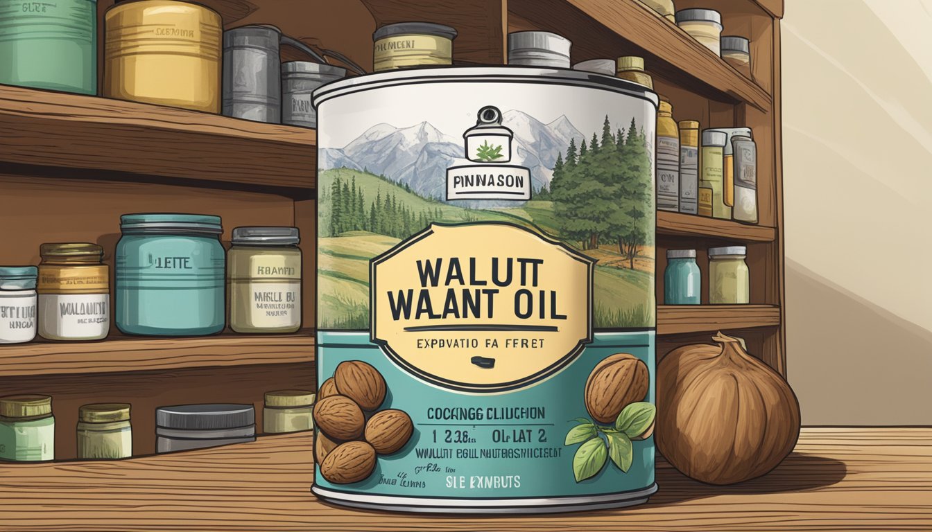 A sealed can of walnut oil sits on a pantry shelf, surrounded by other cooking ingredients. The label indicates the expiration date, while the oil inside remains untouched and fresh