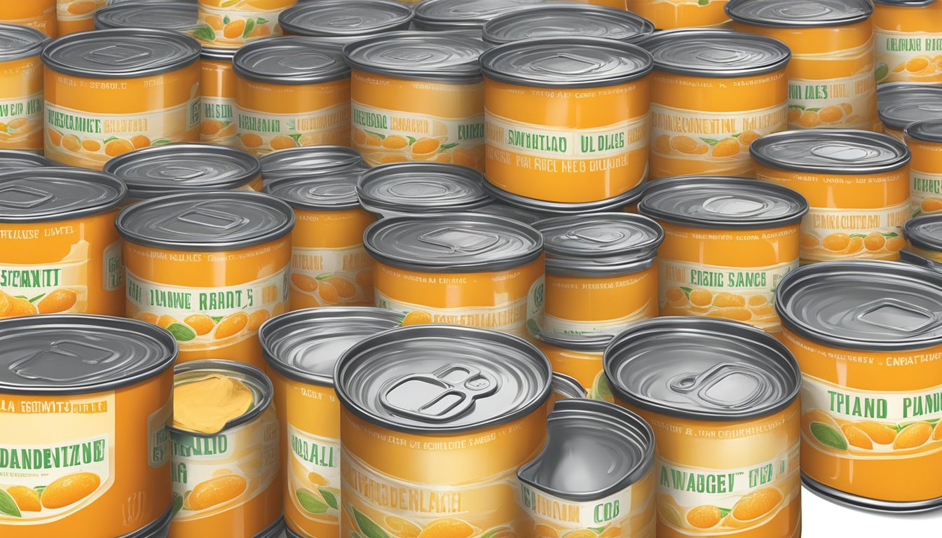 A row of canned tangerine curd with varying expiration dates, some showing signs of spoilage, such as bulging lids and discoloration