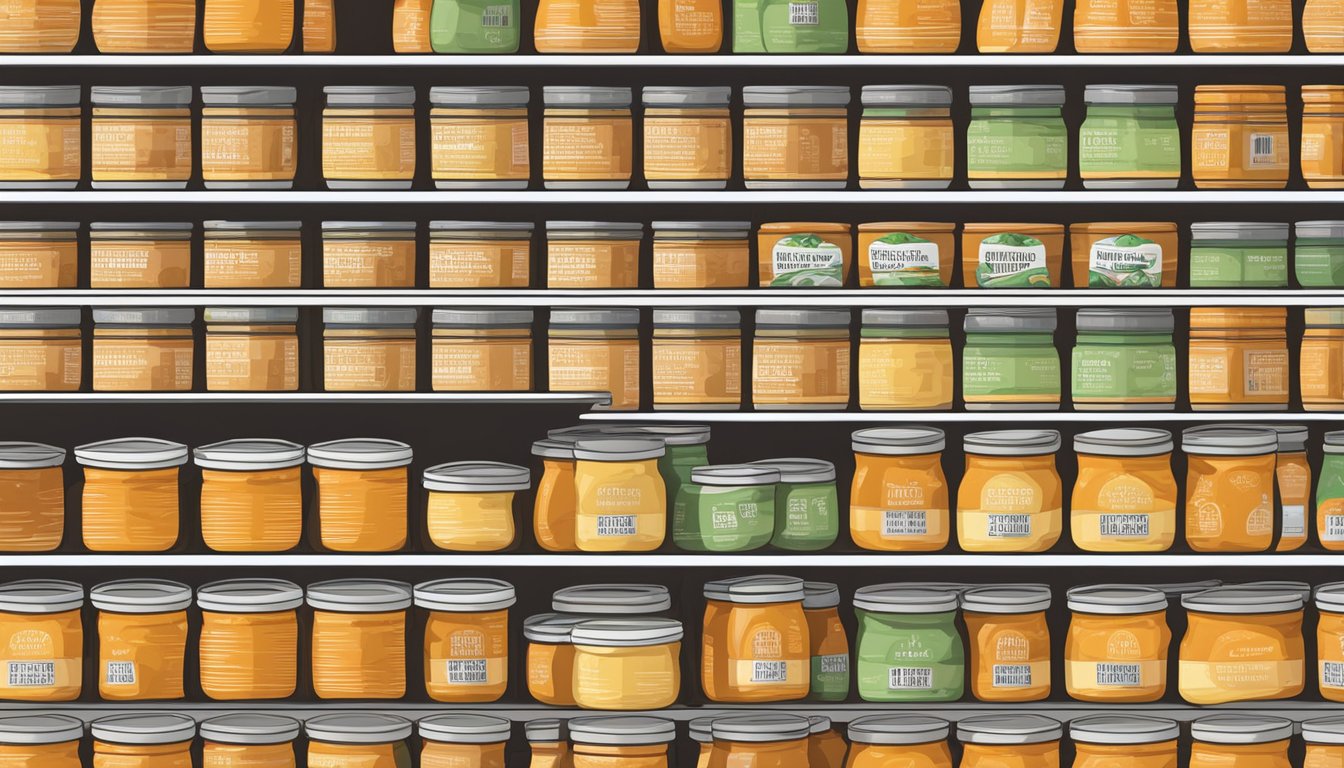 A pantry shelf filled with neatly organized rows of canned tangerine curd, with expiration dates clearly labeled