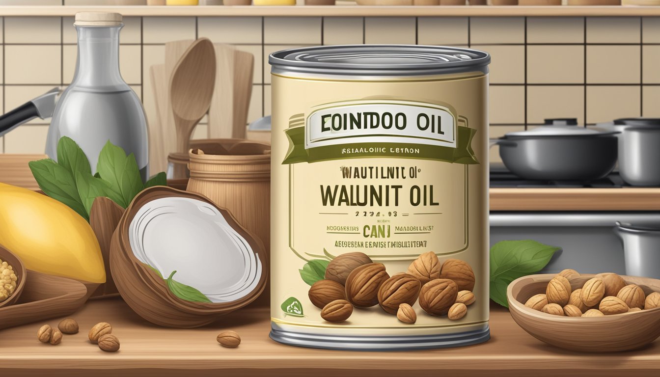 A sealed can of walnut oil sits on a kitchen shelf, surrounded by other cooking ingredients. The label indicates the shelf life and expiration date