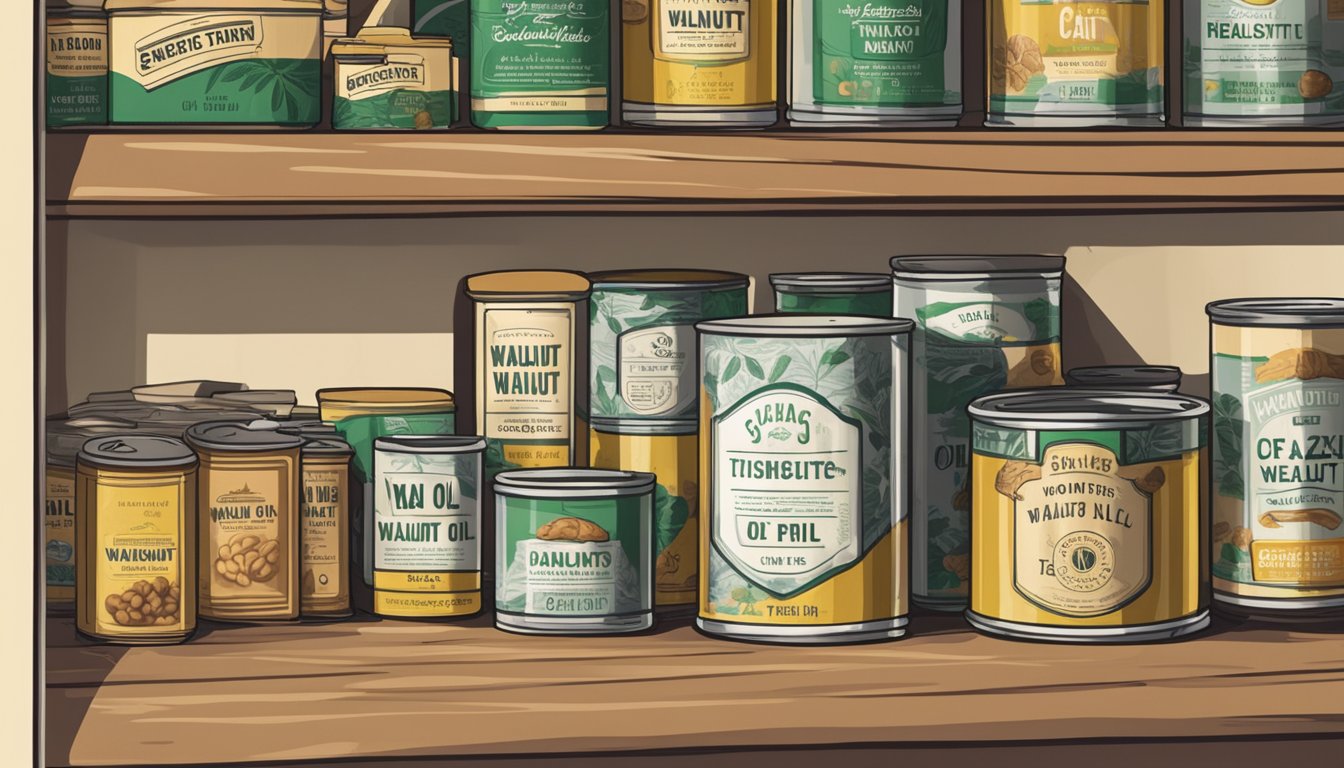 A sealed can of walnut oil sits on a shelf, surrounded by other pantry items. The expiration date is clearly marked on the label