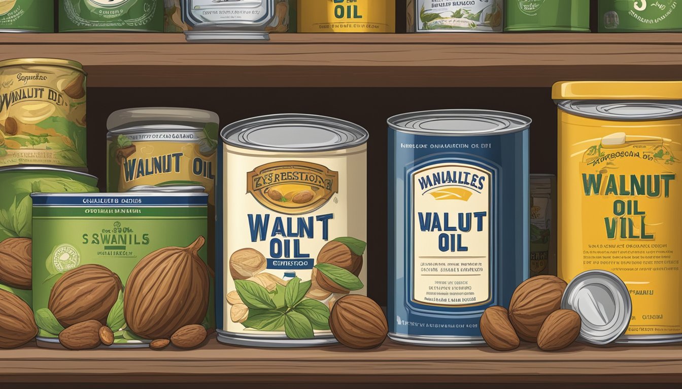 A sealed can of walnut oil sits on a shelf, surrounded by other canned goods. The label indicates the expiration date, and the can appears undamaged