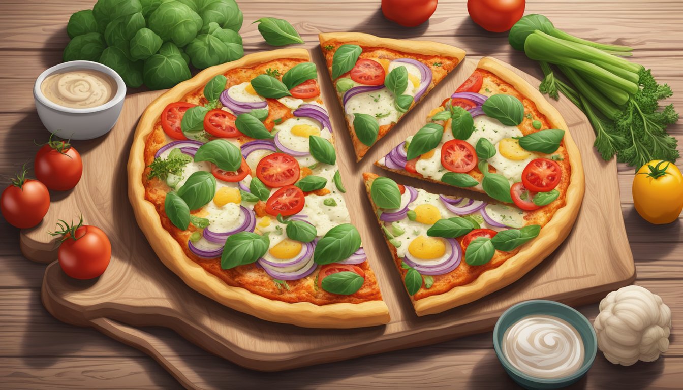 A colorful cauliflower crust margherita pizza surrounded by fresh vegetables and herbs on a wooden cutting board