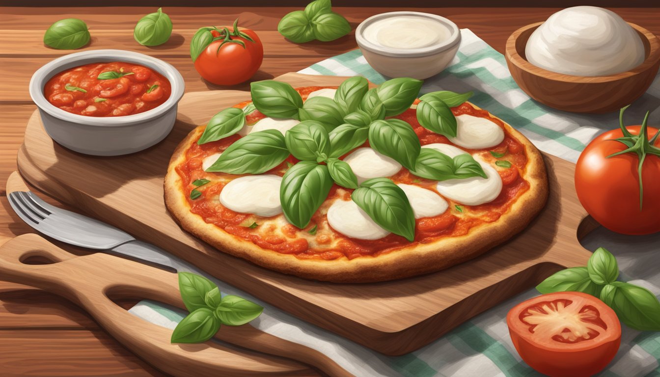 A freshly baked cauliflower crust margherita pizza sits on a wooden cutting board with vibrant tomato sauce, melted mozzarella cheese, and fresh basil leaves on top