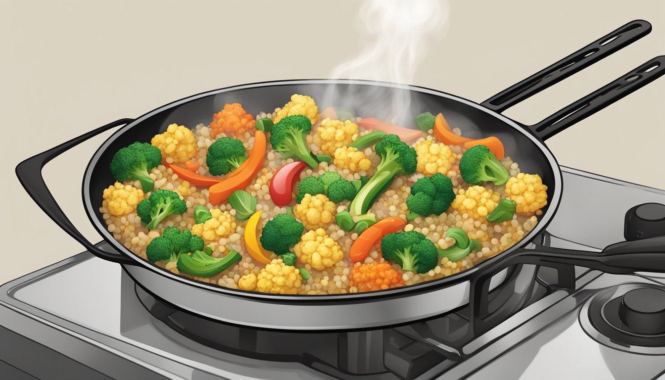 A sizzling skillet with cauliflower rice stir-fry, steam rising, colorful veggies mixed in, ready to be served